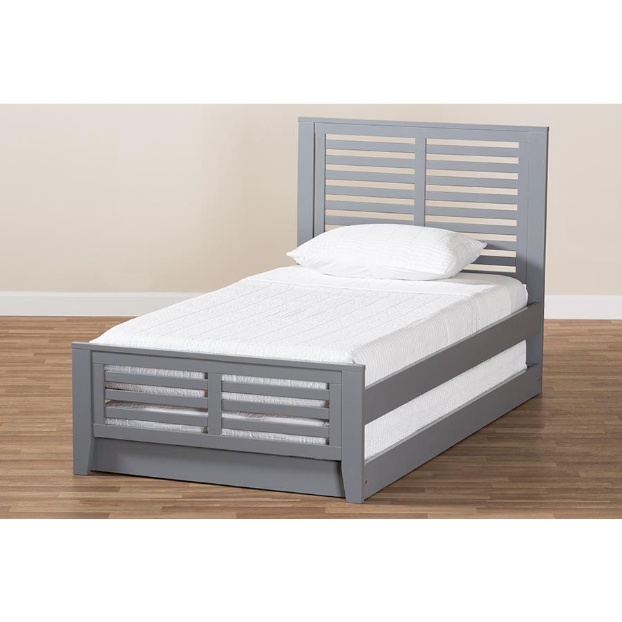 Classic Mission Style Grey-Finished Wood Twin Platform Bed with Trundle. Picture 11