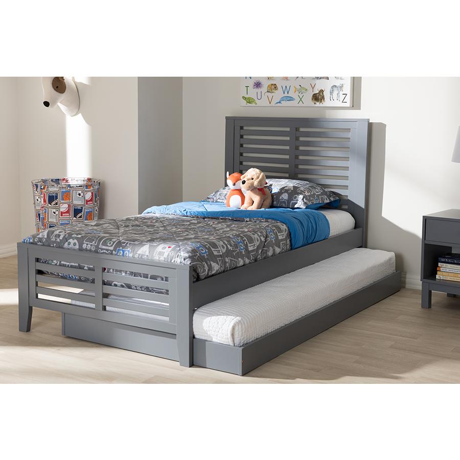Classic Mission Style Grey-Finished Wood Twin Platform Bed with Trundle. Picture 10