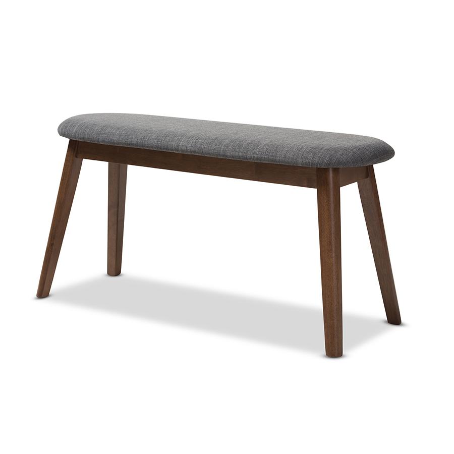 Dark Grey Fabric Upholstered Walnut Finished Wood Bench. Picture 1
