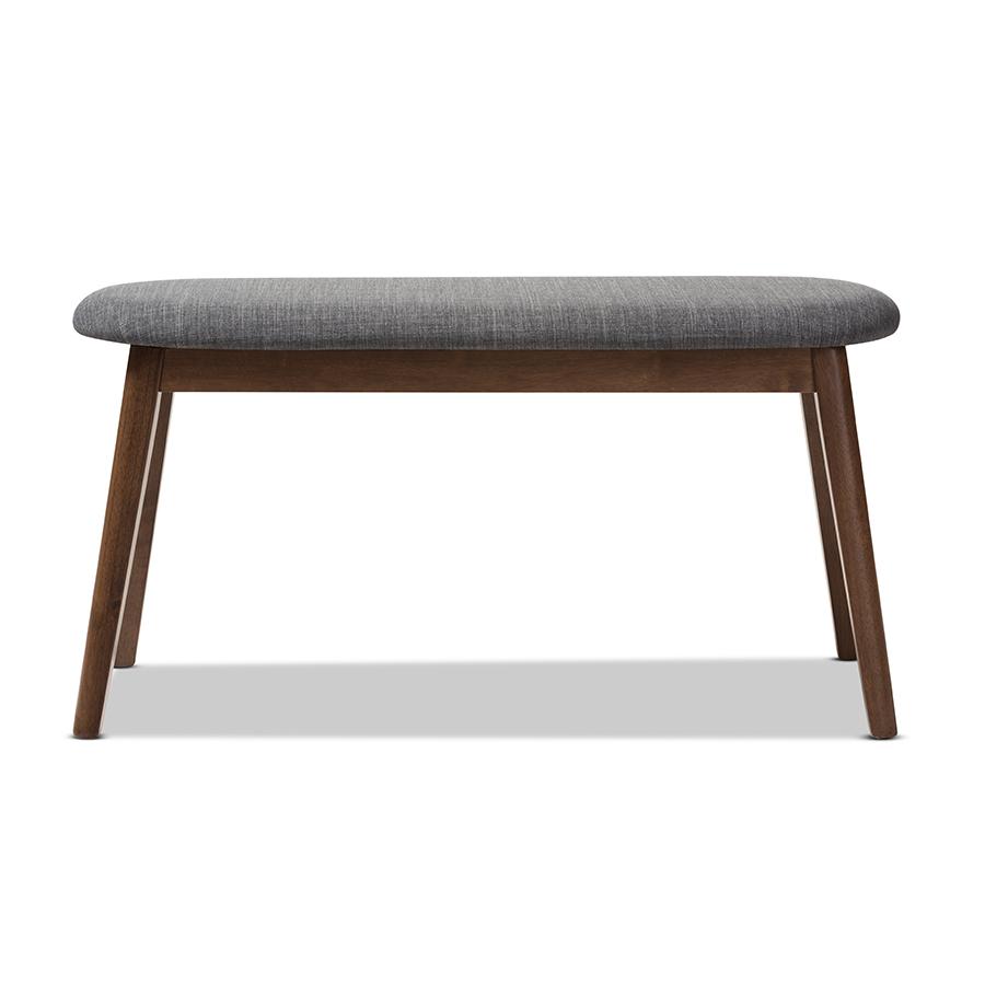 Dark Grey Fabric Upholstered Walnut Finished Wood Bench. Picture 2