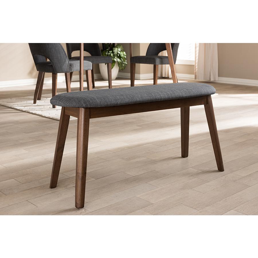 Dark Grey Fabric Upholstered Walnut Finished Wood Bench. Picture 6