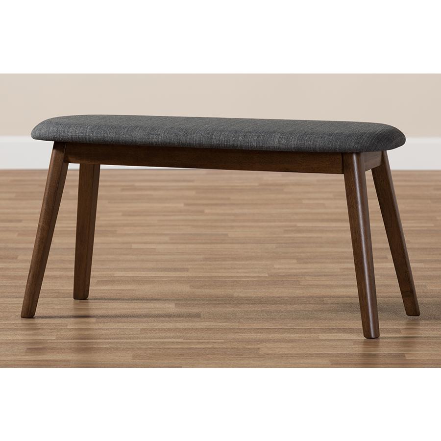 Dark Grey Fabric Upholstered Walnut Finished Wood Bench. Picture 7