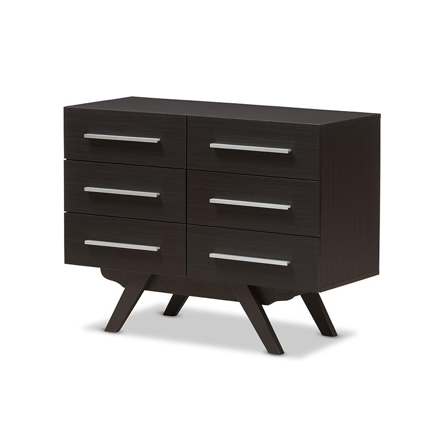 Auburn Mid-Century Modern Espresso Brown Finished Wood 6-Drawer Dresser. Picture 1