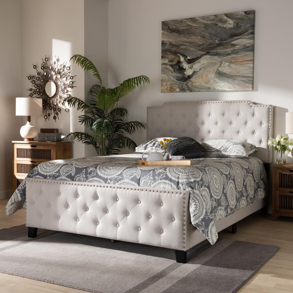 Transitional Beige Fabric Upholstered Button Tufted King Size Panel Bed. Picture 16