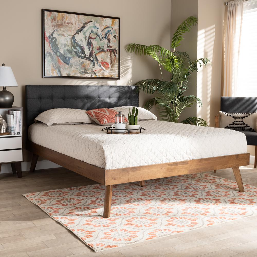Dark Grey Fabric Upholstered Walnut Brown Finished Wood King Size Platform Bed. Picture 16