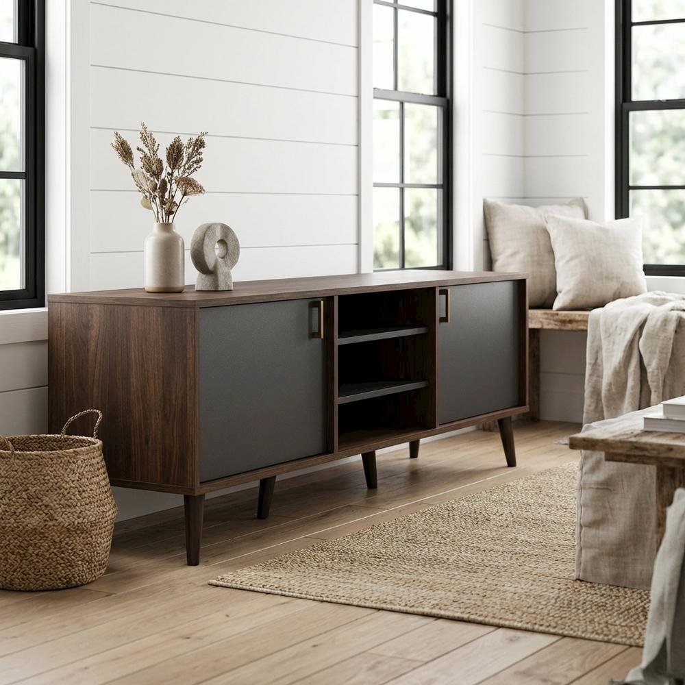 Mid-Century Modern Brown and Dark Grey TV Stand with Particle Board Finish. Picture 2