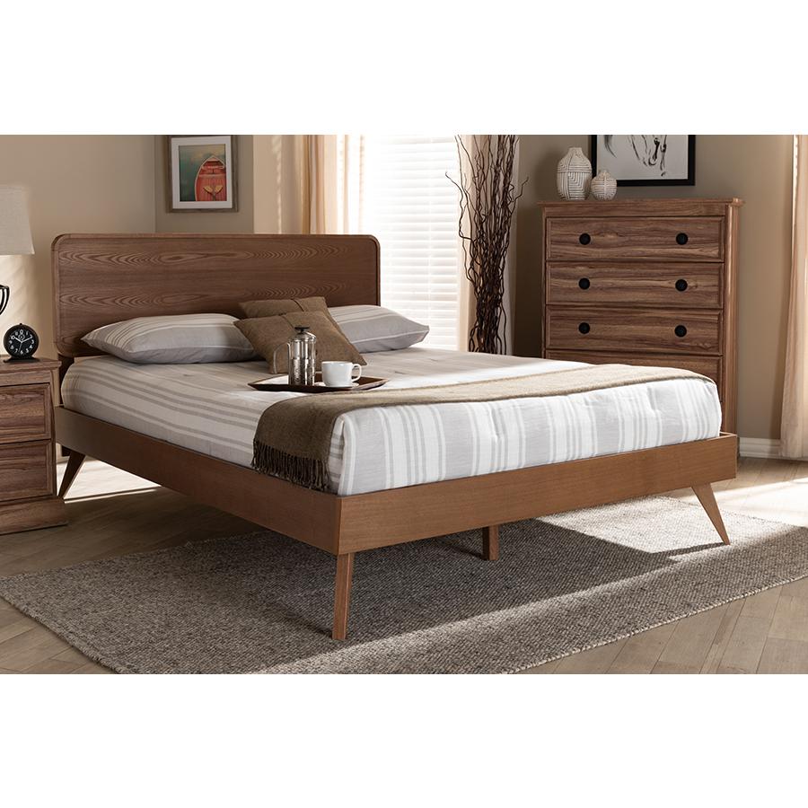 Demeter Mid-Century Modern Walnut Brown Finished Wood Queen Size Platform Bed. Picture 21