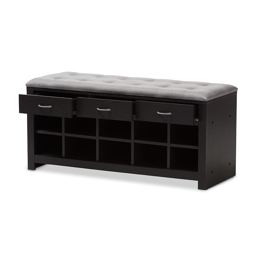 Modern and Contemporary Espresso Finished Grey Fabric Upholstered Cushioned Entryway Bench. Picture 3