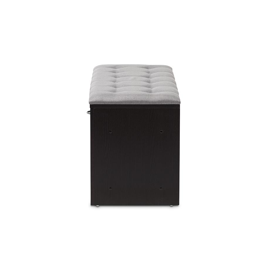Modern and Contemporary Espresso Finished Grey Fabric Upholstered Cushioned Entryway Bench. Picture 5