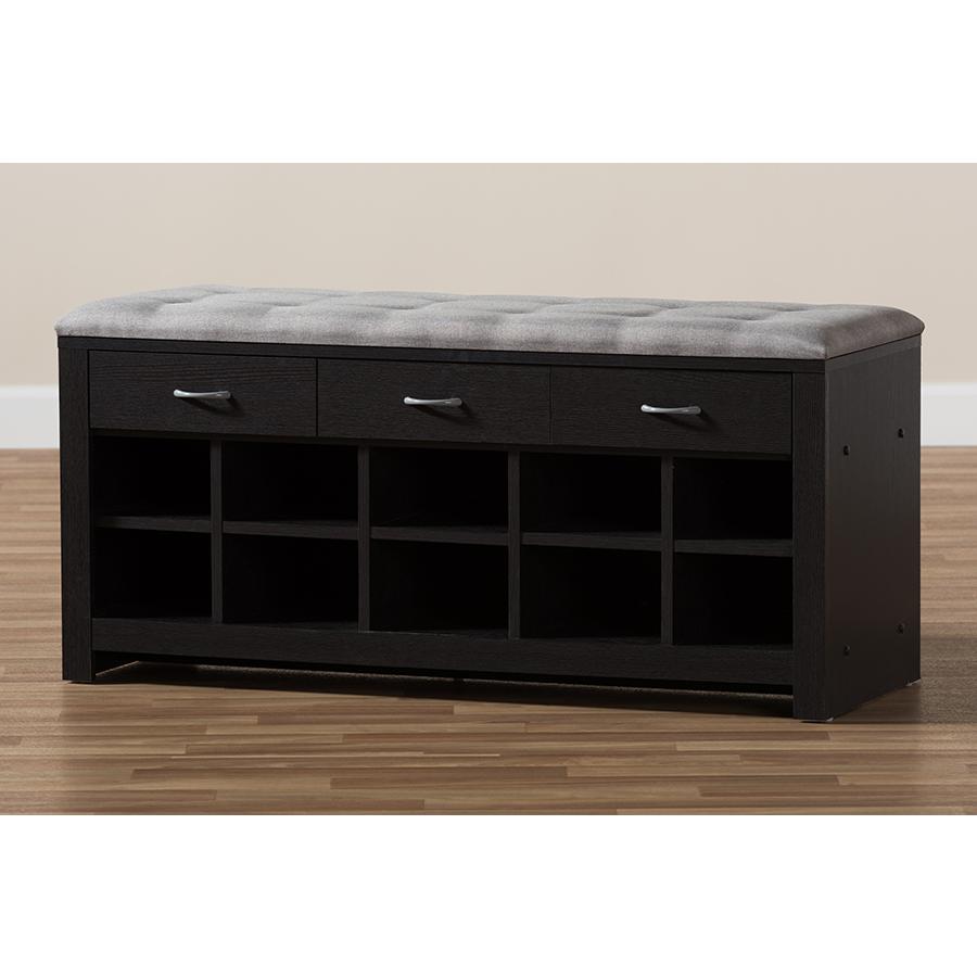 Modern and Contemporary Espresso Finished Grey Fabric Upholstered Cushioned Entryway Bench. Picture 9