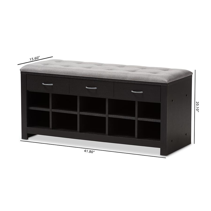 Modern and Contemporary Espresso Finished Grey Fabric Upholstered Cushioned Entryway Bench. Picture 10