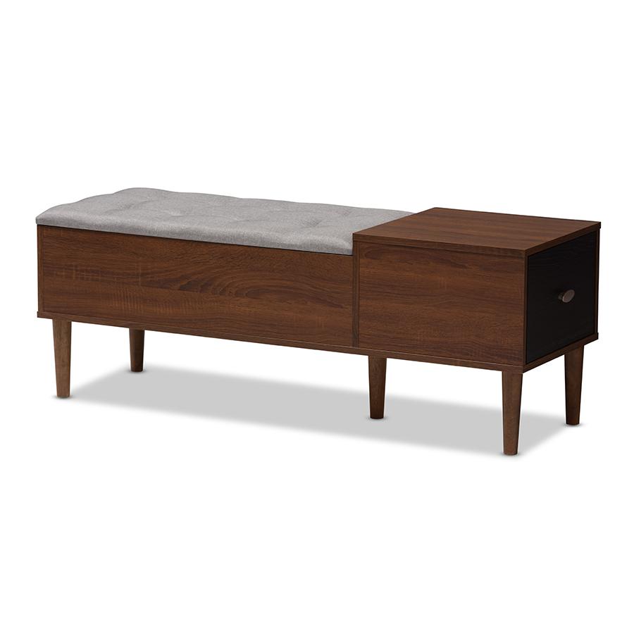 Merrick Mid-century Retro Modern 1-drawer 2-tone Oak and Dark Brown Wood Entryway Storage Grey Fabric Cushioned Bench Shoe Rack Cabinet Organizer. Picture 1