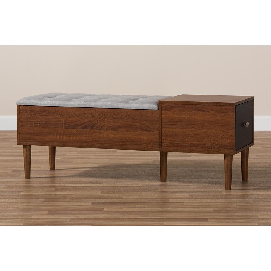 Merrick Mid-century Retro Modern 1-drawer 2-tone Oak and Dark Brown Wood Entryway Storage Grey Fabric Cushioned Bench Shoe Rack Cabinet Organizer. Picture 11