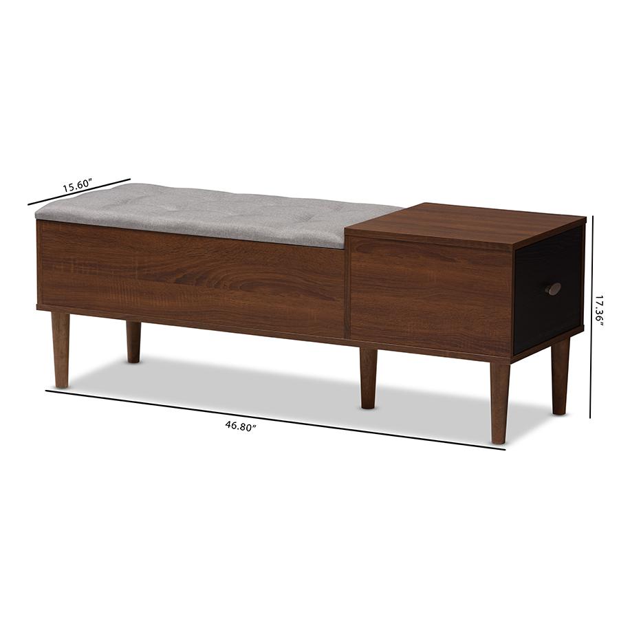 Merrick Mid-century Retro Modern 1-drawer 2-tone Oak and Dark Brown Wood Entryway Storage Grey Fabric Cushioned Bench Shoe Rack Cabinet Organizer. Picture 12
