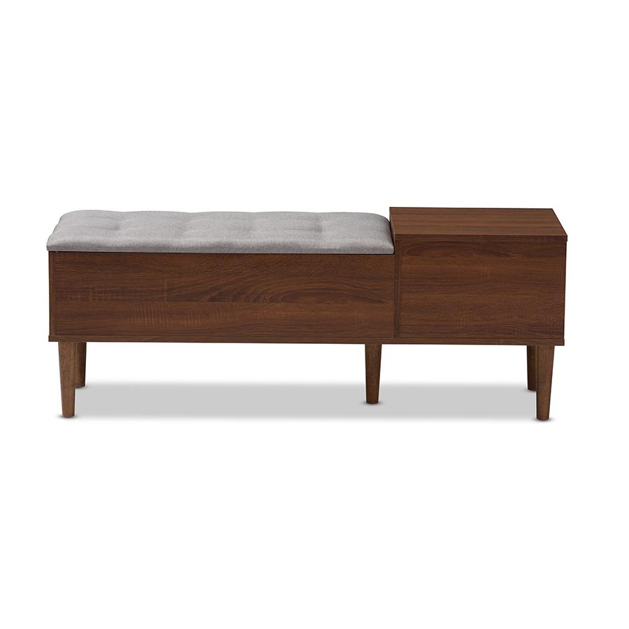 Merrick Mid-century Retro Modern 1-drawer 2-tone Oak and Dark Brown Wood Entryway Storage Grey Fabric Cushioned Bench Shoe Rack Cabinet Organizer. Picture 4