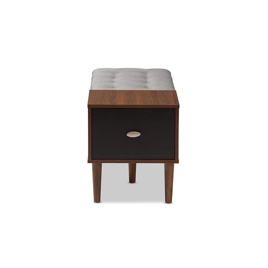 Merrick Mid-century Retro Modern 1-drawer 2-tone Oak and Dark Brown Wood Entryway Storage Grey Fabric Cushioned Bench Shoe Rack Cabinet Organizer. Picture 5