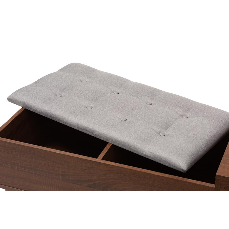 Merrick Mid-century Retro Modern 1-drawer 2-tone Oak and Dark Brown Wood Entryway Storage Grey Fabric Cushioned Bench Shoe Rack Cabinet Organizer. Picture 6