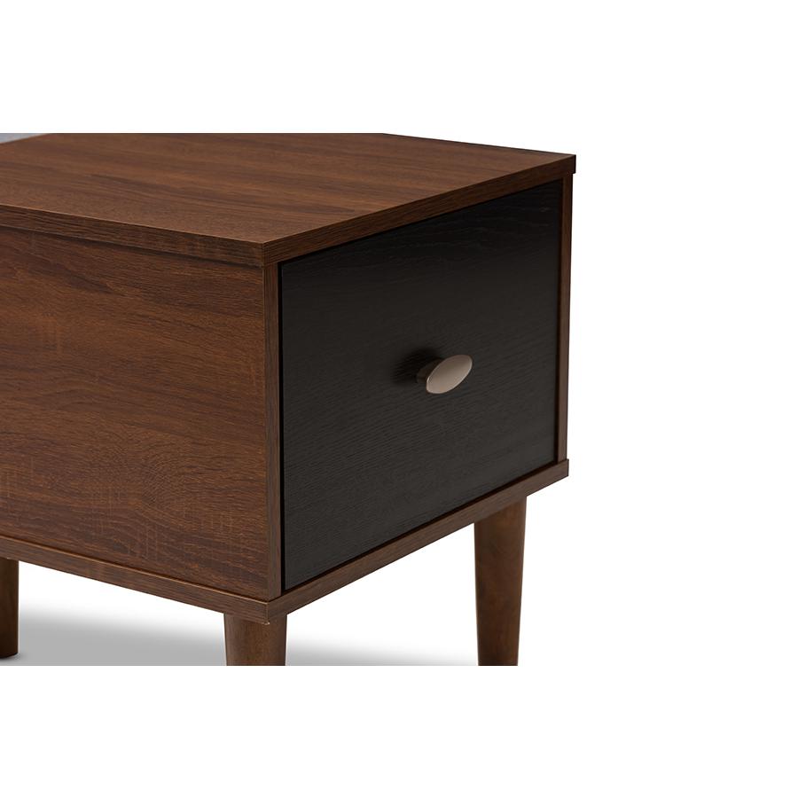 Merrick Mid-century Retro Modern 1-drawer 2-tone Oak and Dark Brown Wood Entryway Storage Grey Fabric Cushioned Bench Shoe Rack Cabinet Organizer. Picture 7