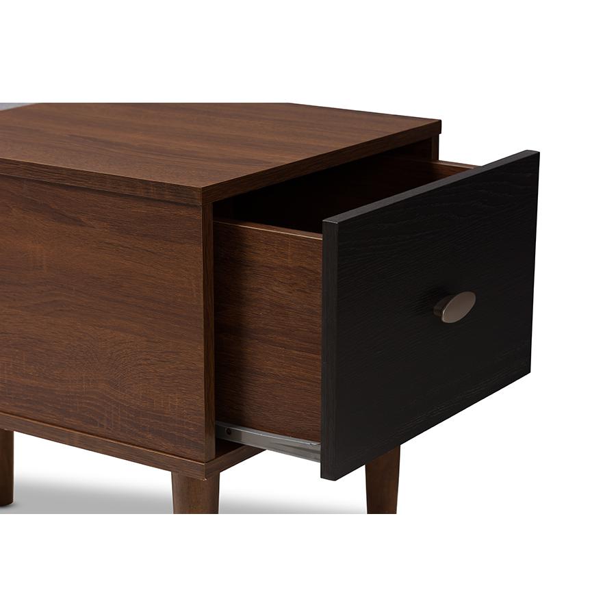 Merrick Mid-century Retro Modern 1-drawer 2-tone Oak and Dark Brown Wood Entryway Storage Grey Fabric Cushioned Bench Shoe Rack Cabinet Organizer. Picture 8