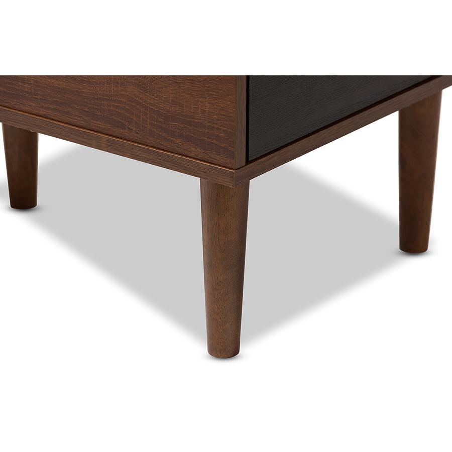 Merrick Mid-century Retro Modern 1-drawer 2-tone Oak and Dark Brown Wood Entryway Storage Grey Fabric Cushioned Bench Shoe Rack Cabinet Organizer. Picture 9