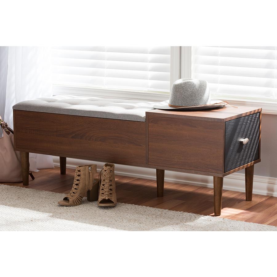 Merrick Mid-century Retro Modern 1-drawer 2-tone Oak and Dark Brown Wood Entryway Storage Grey Fabric Cushioned Bench Shoe Rack Cabinet Organizer. Picture 2