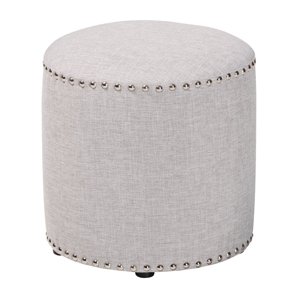 Rosine Modern and Contemporary Light Grey Fabric Upholstered Nail Trim Ottoman. Picture 1