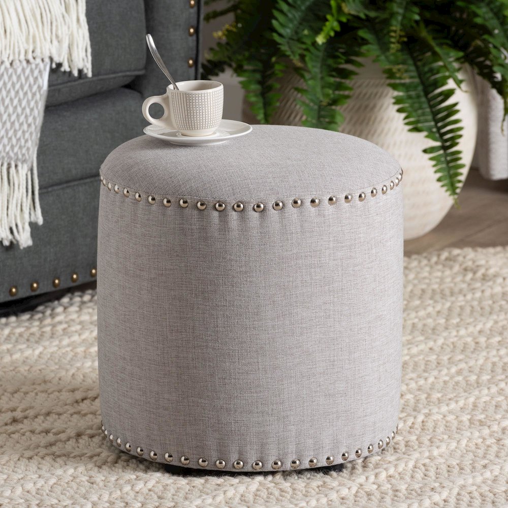Rosine Modern and Contemporary Light Grey Fabric Upholstered Nail Trim Ottoman. Picture 7