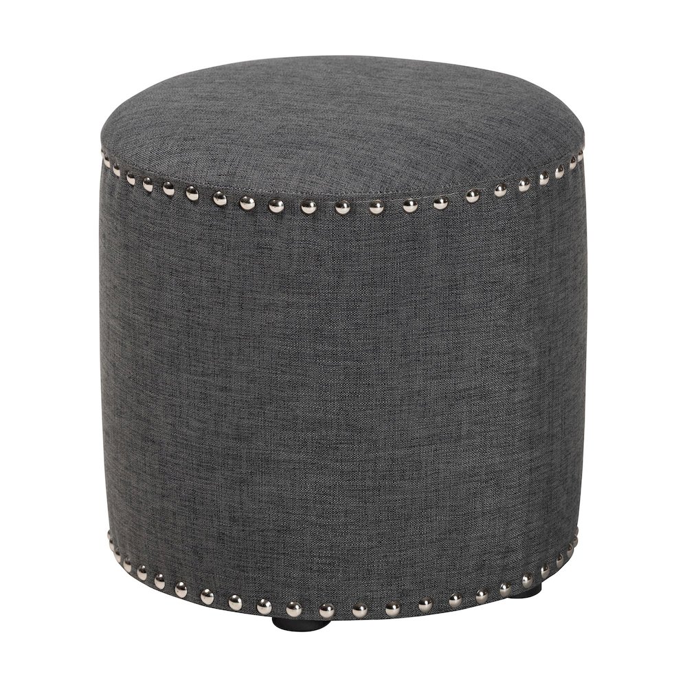 Rosine Modern and Contemporary Dark Grey Fabric Upholstered Nail Trim Ottoman. Picture 1