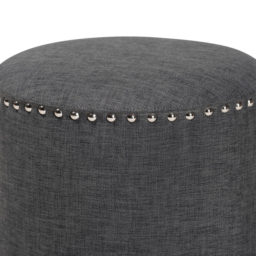 Rosine Modern and Contemporary Dark Grey Fabric Upholstered Nail Trim Ottoman. Picture 3