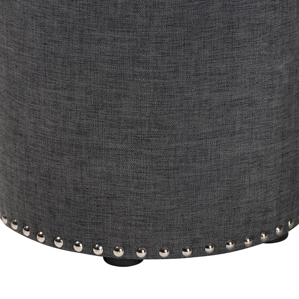 Rosine Modern and Contemporary Dark Grey Fabric Upholstered Nail Trim Ottoman. Picture 4
