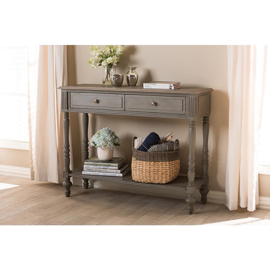Noemie Country Cottage Farmhouse Brown Finished 2-Drawer Console Table. Picture 8