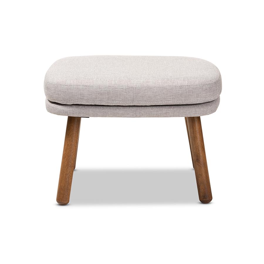 Greyish Beige Fabric Upholstered Walnut Brown Finished Wood Ottoman. Picture 2