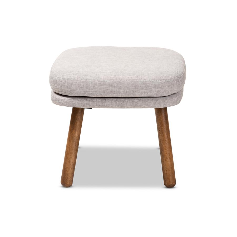 Greyish Beige Fabric Upholstered Walnut Brown Finished Wood Ottoman. Picture 3