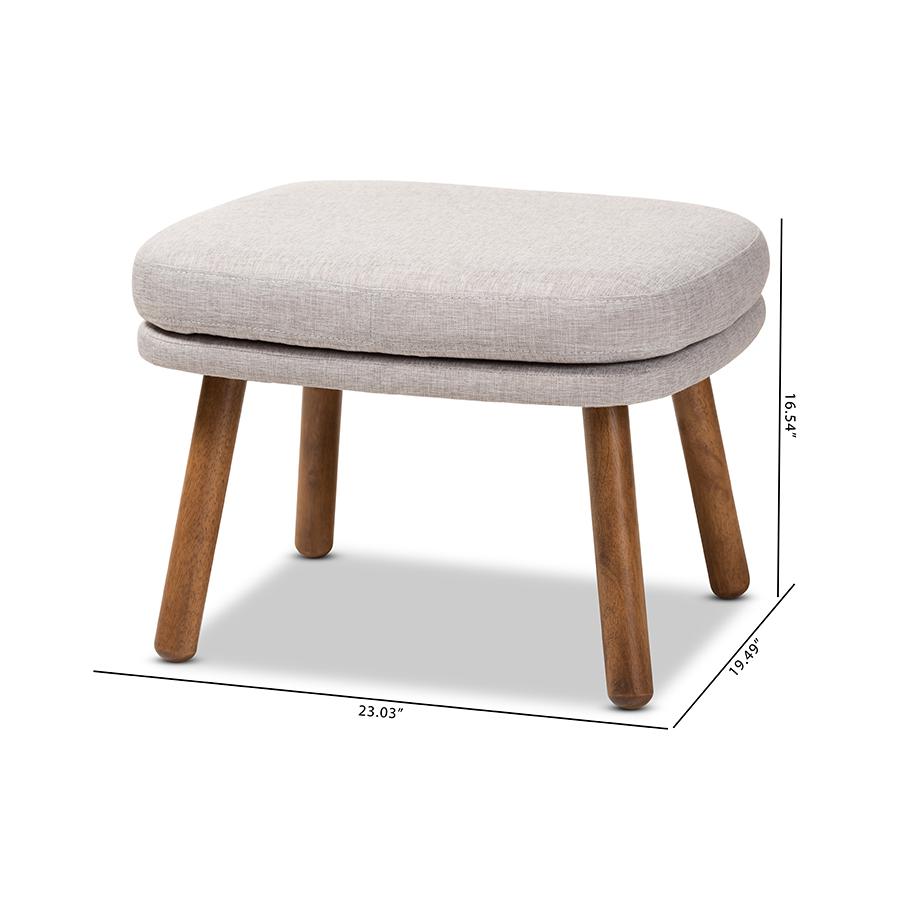 Greyish Beige Fabric Upholstered Walnut Brown Finished Wood Ottoman. Picture 7