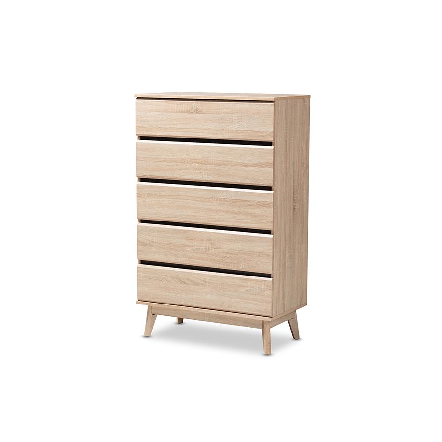 Miren Mid-Century Modern Light Oak and Dark Grey 5-Drawer Chest. Picture 3