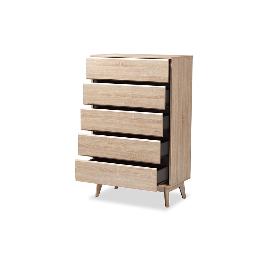 Miren Mid-Century Modern Light Oak and Dark Grey 5-Drawer Chest. Picture 4