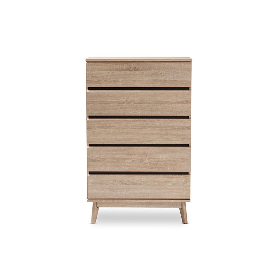 Miren Mid-Century Modern Light Oak and Dark Grey 5-Drawer Chest. Picture 1