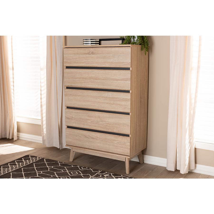 Miren Mid-Century Modern Light Oak and Dark Grey 5-Drawer Chest. Picture 2