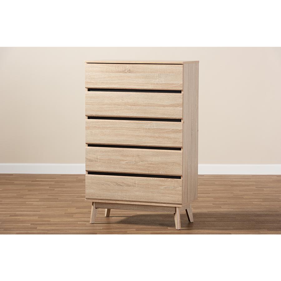 Miren Mid-Century Modern Light Oak and Dark Grey 5-Drawer Chest. Picture 10