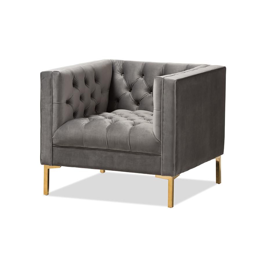 Zanetta Luxe and Glamour Grey Velvet Upholstered Gold Finished Lounge Chair. Picture 1