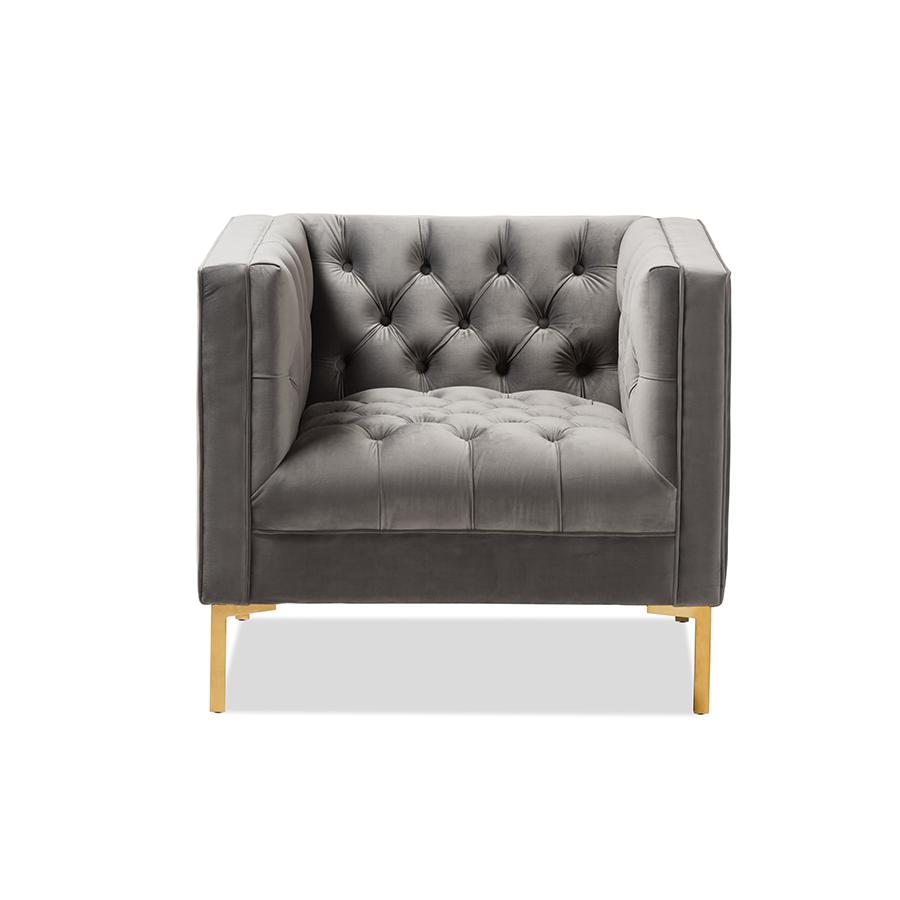 Zanetta Luxe and Glamour Grey Velvet Upholstered Gold Finished Lounge Chair. Picture 2