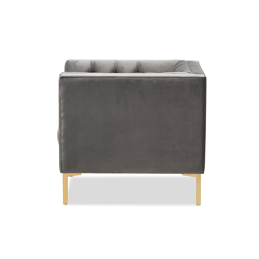 Zanetta Luxe and Glamour Grey Velvet Upholstered Gold Finished Lounge Chair. Picture 3