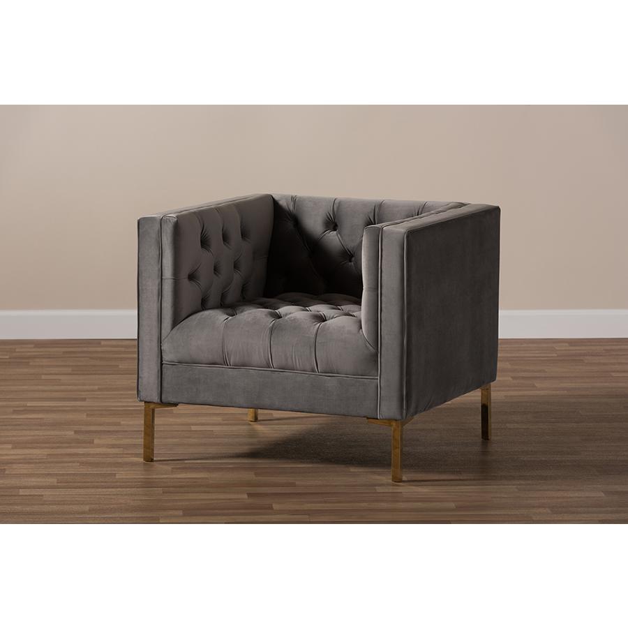 Zanetta Luxe and Glamour Grey Velvet Upholstered Gold Finished Lounge Chair. Picture 8