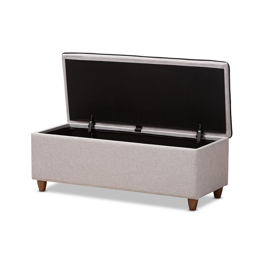 Marlisa Mid-Century Modern Walnut Finished Wood and Greyish Beige Fabric Upholstered Button Tufted Storage Ottoman Bench. Picture 3
