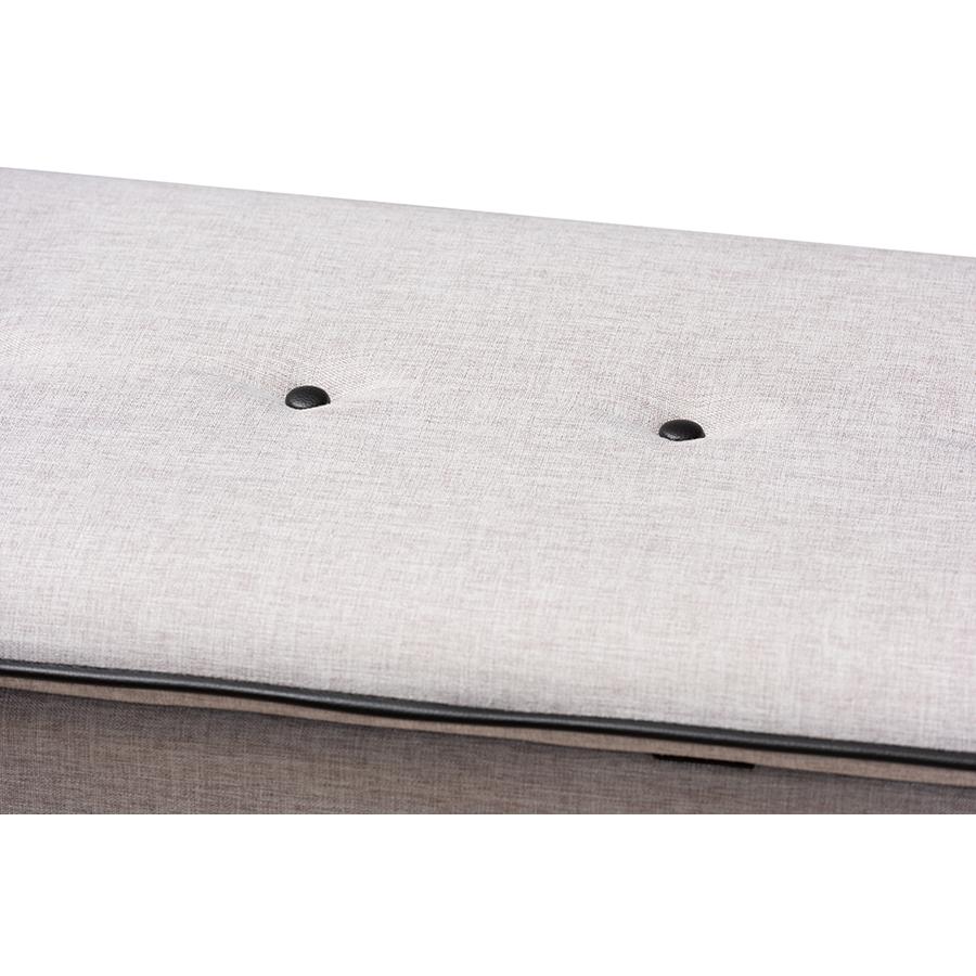 Marlisa Mid-Century Modern Walnut Finished Wood and Greyish Beige Fabric Upholstered Button Tufted Storage Ottoman Bench. Picture 7