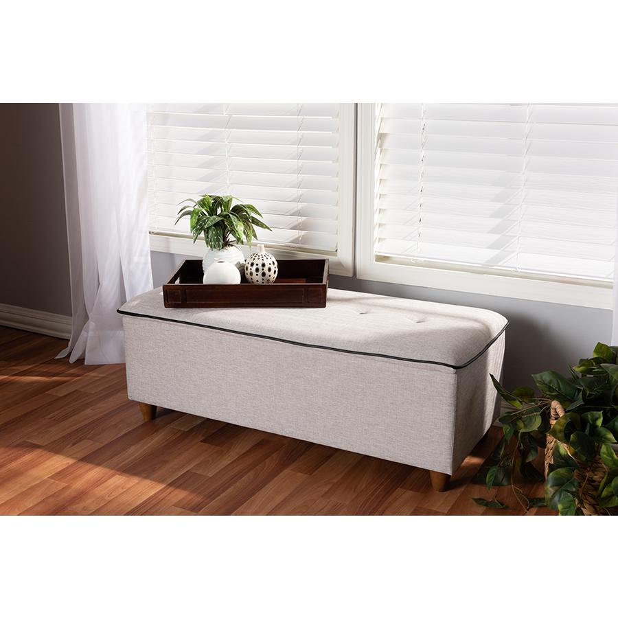 Marlisa Mid-Century Modern Walnut Finished Wood and Greyish Beige Fabric Upholstered Button Tufted Storage Ottoman Bench. Picture 2