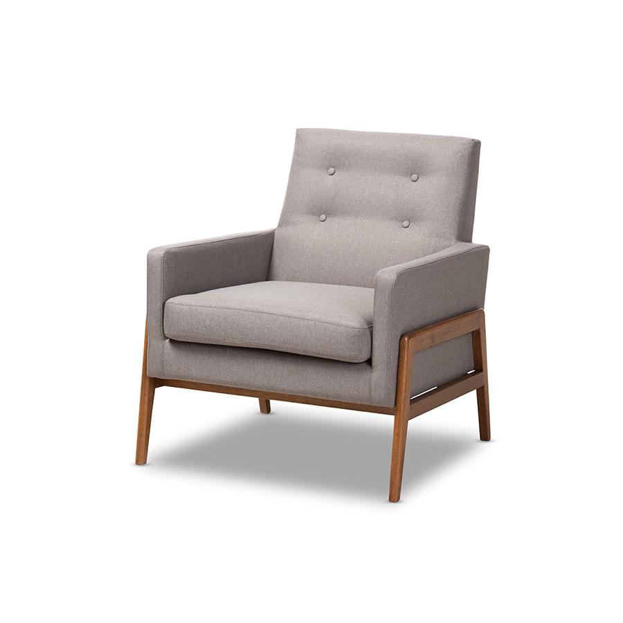 Perris Mid-Century Modern Grey Fabric Upholstered Walnut Wood Lounge Chair. Picture 1