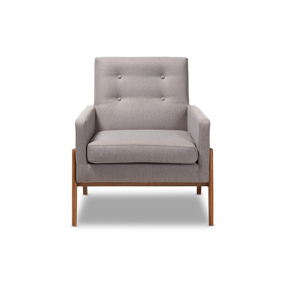 Perris Mid-Century Modern Grey Fabric Upholstered Walnut Wood Lounge Chair. Picture 2