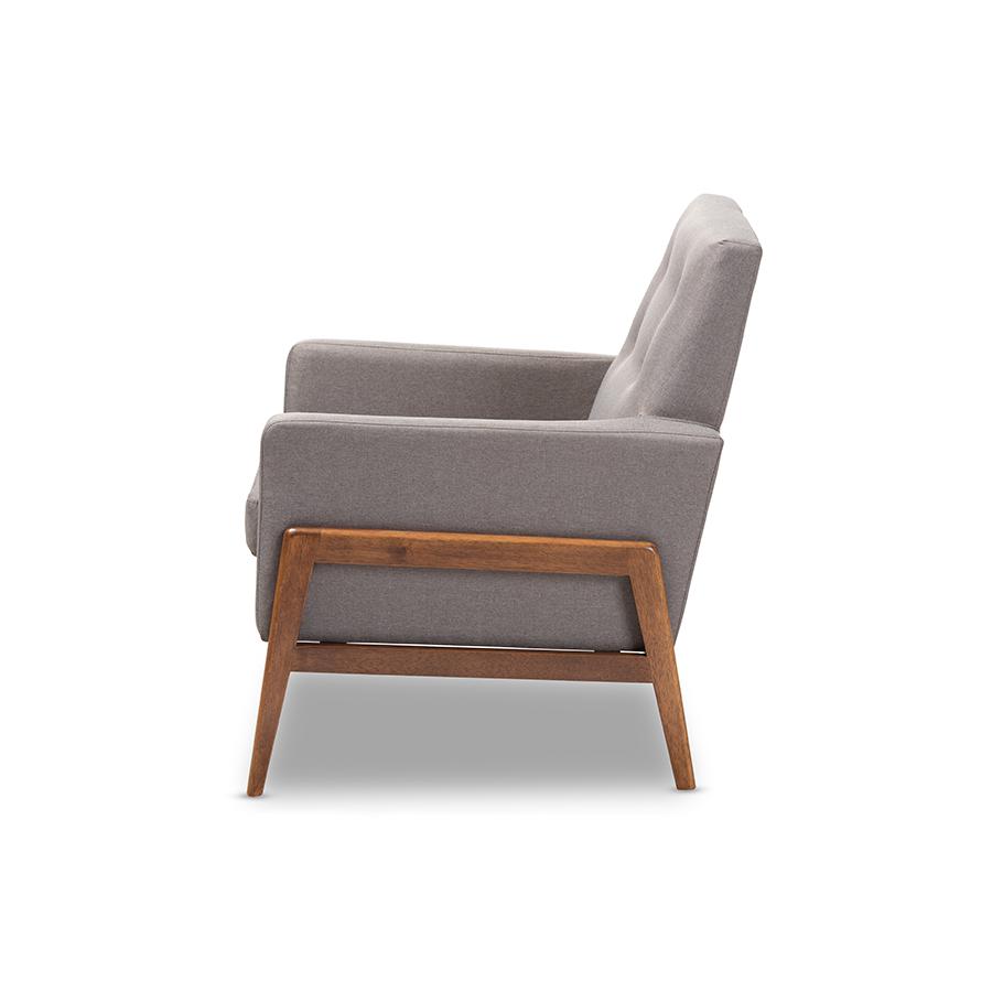 Perris Mid-Century Modern Grey Fabric Upholstered Walnut Wood Lounge Chair. Picture 3