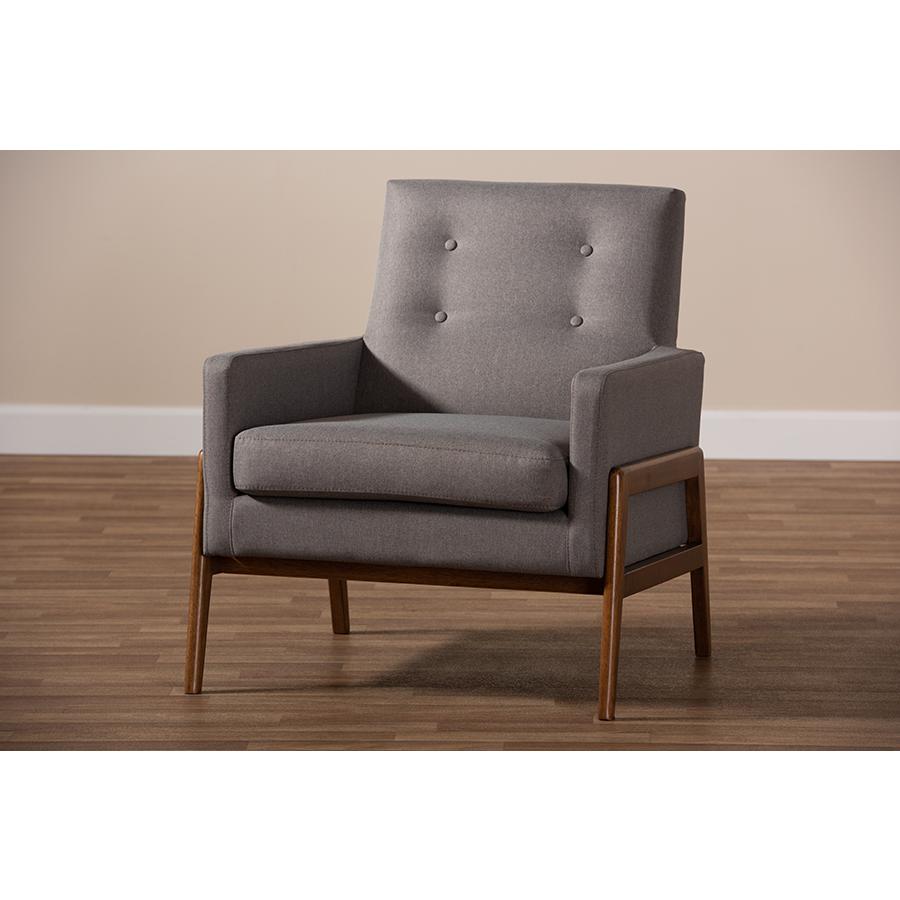 Perris Mid-Century Modern Grey Fabric Upholstered Walnut Wood Lounge Chair. Picture 8